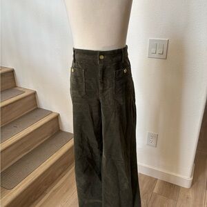 J. Crew Olive Green Lizzie Corduroy Wide-Leg Pants with Gold Buttons